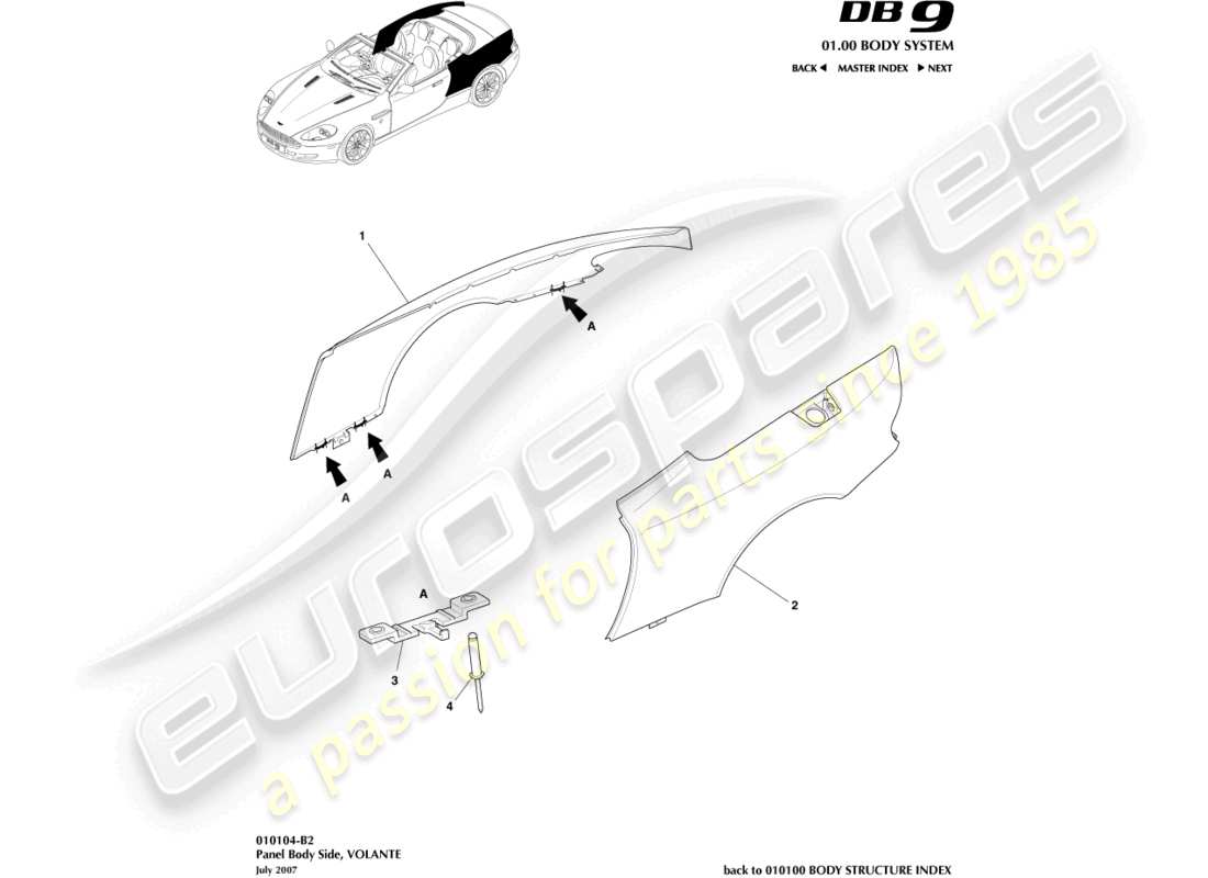 aston martin db9 (2007) panel body side, volante parts diagram