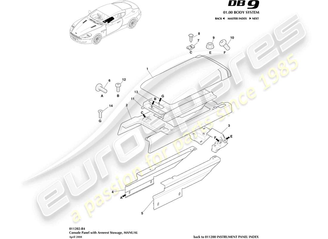 aston martin db9 (2012) centre console, manual part diagram