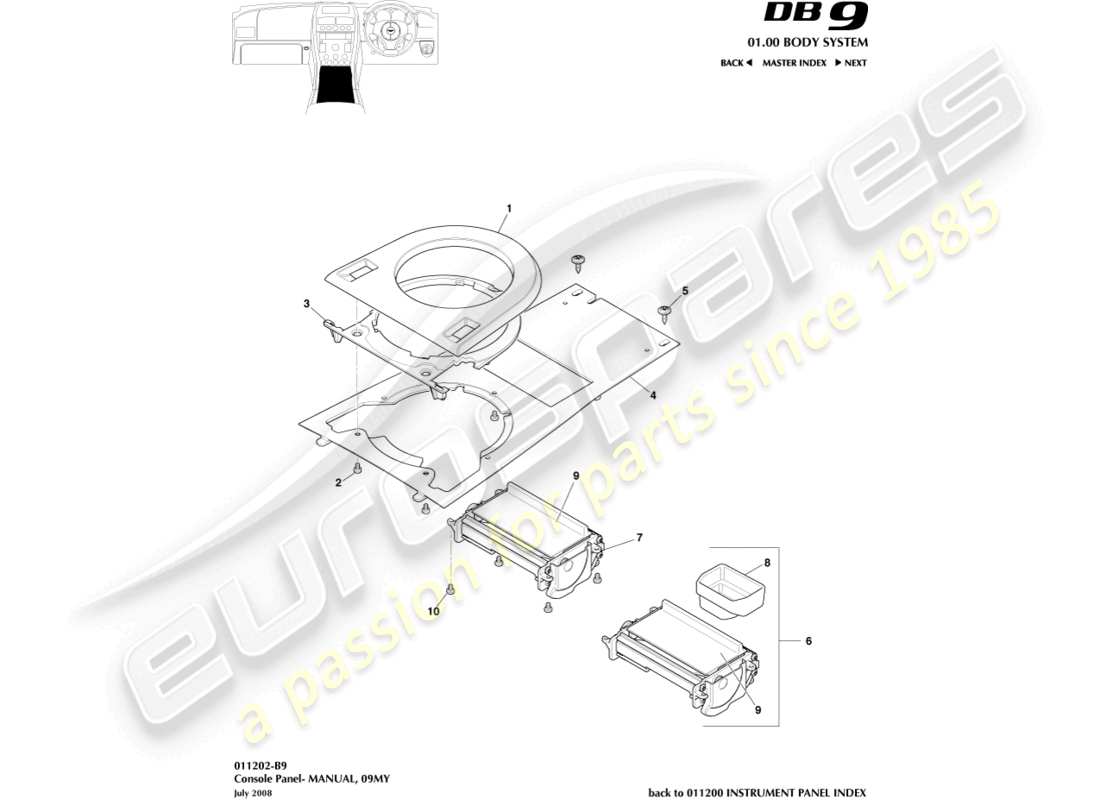 aston martin db9 (2012) front console, manual, 09my part diagram