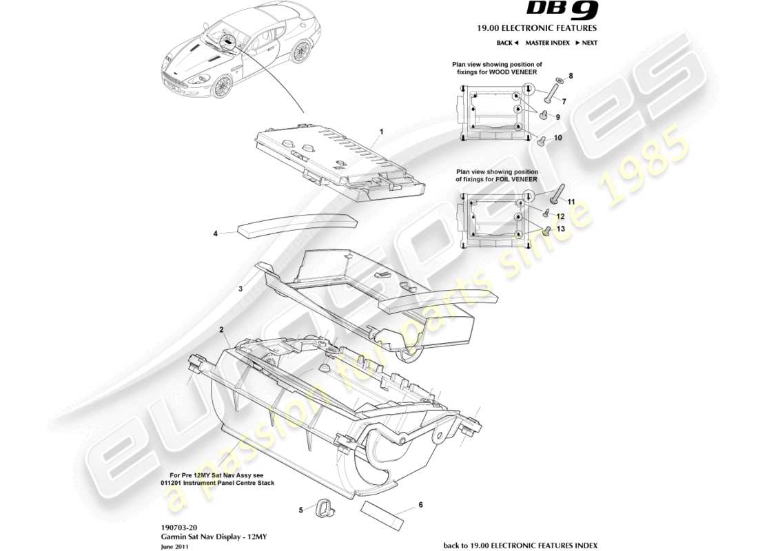 aston martin db9 (2012) sat nav display, 12my on part diagram