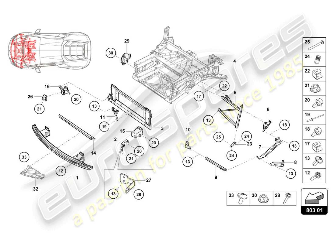 lamborghini evo spyder (2022) front frame part diagram