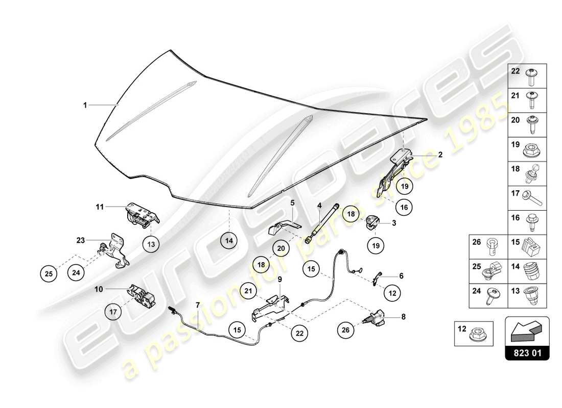 lamborghini evo coupe (2021) bonnet part diagram