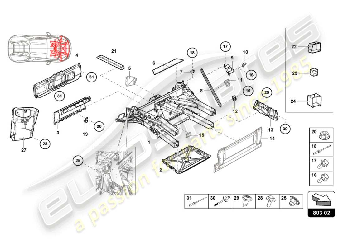 lamborghini evo coupe (2022) front frame part diagram