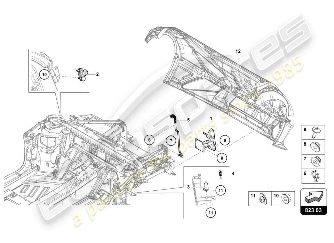 lamborghini sto (2022) bonnet hinge front part diagram