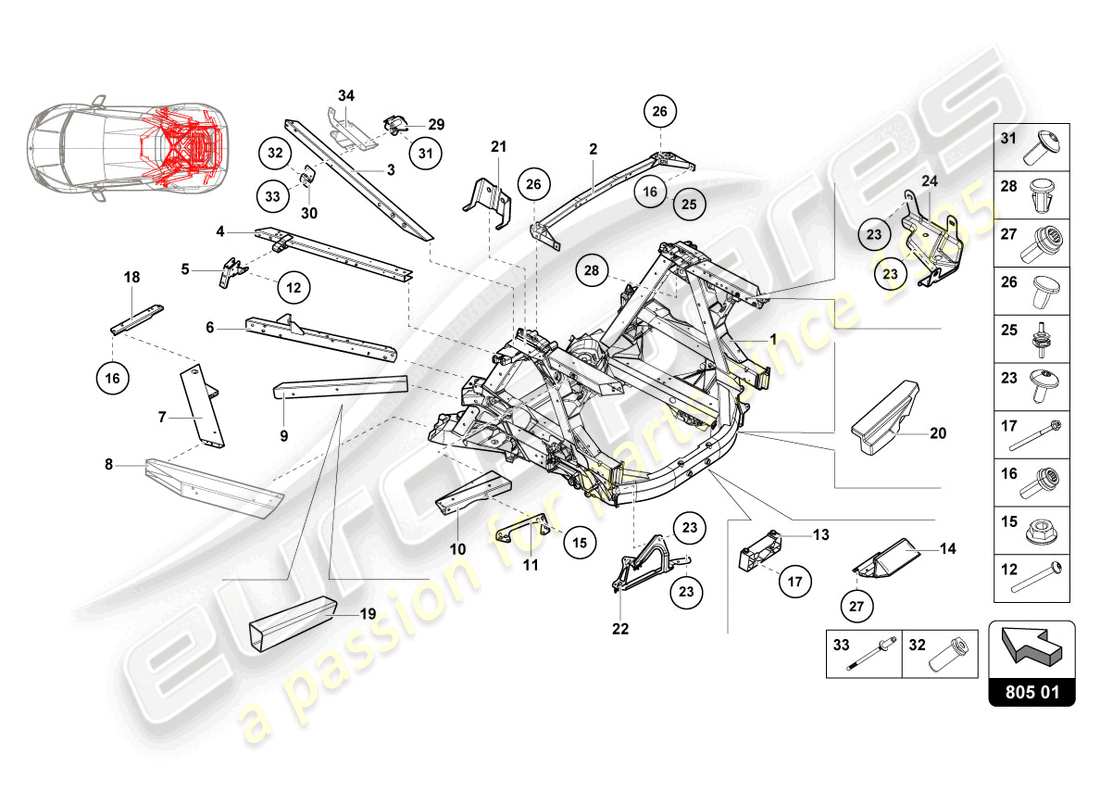 lamborghini evo coupe 2wd (2023) chassis rear, inner part diagram