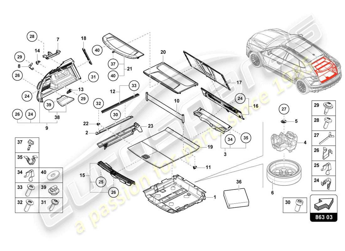 lamborghini urus (2022) luggage compartment lining part diagram