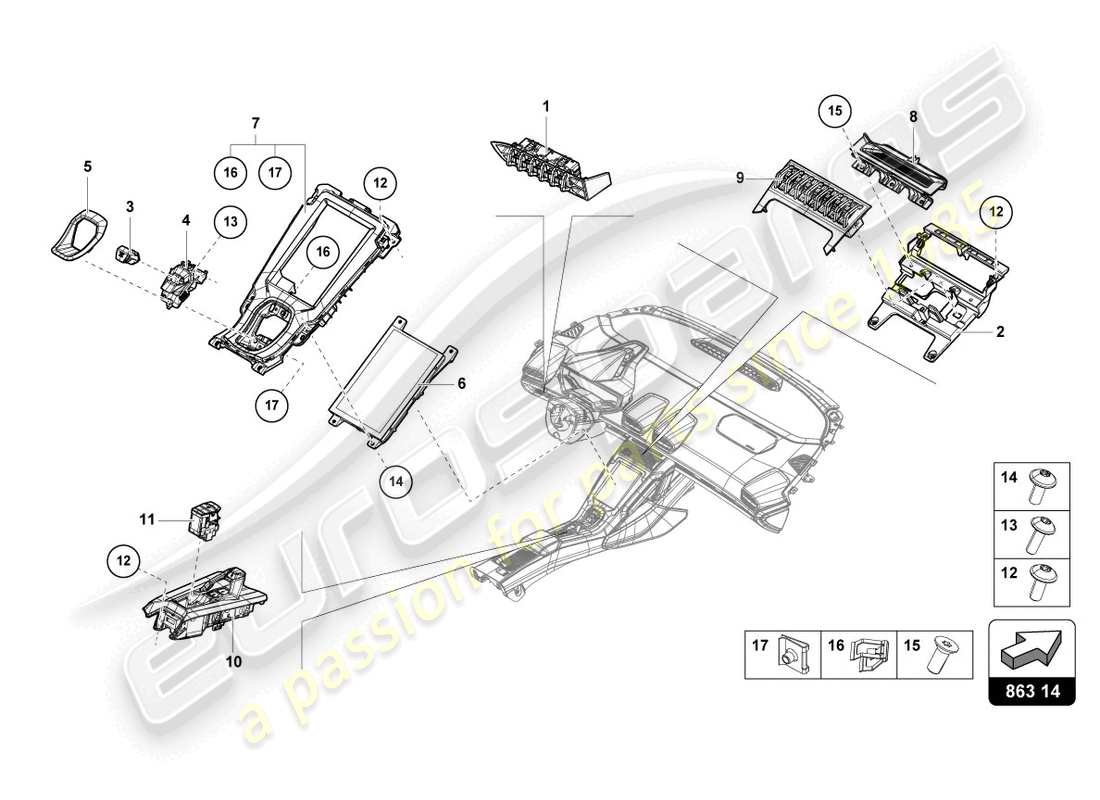 lamborghini tecnica (2024) centre console, upper part part diagram