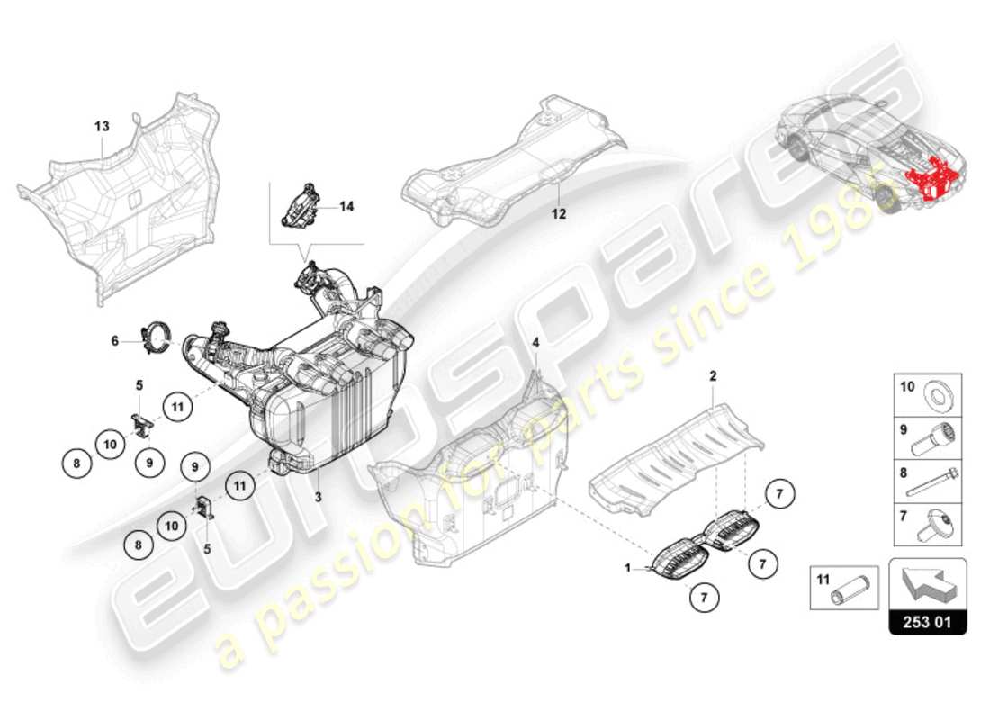 lamborghini revuelto coupe (2024) rear silencer with twin tail pipe part diagram