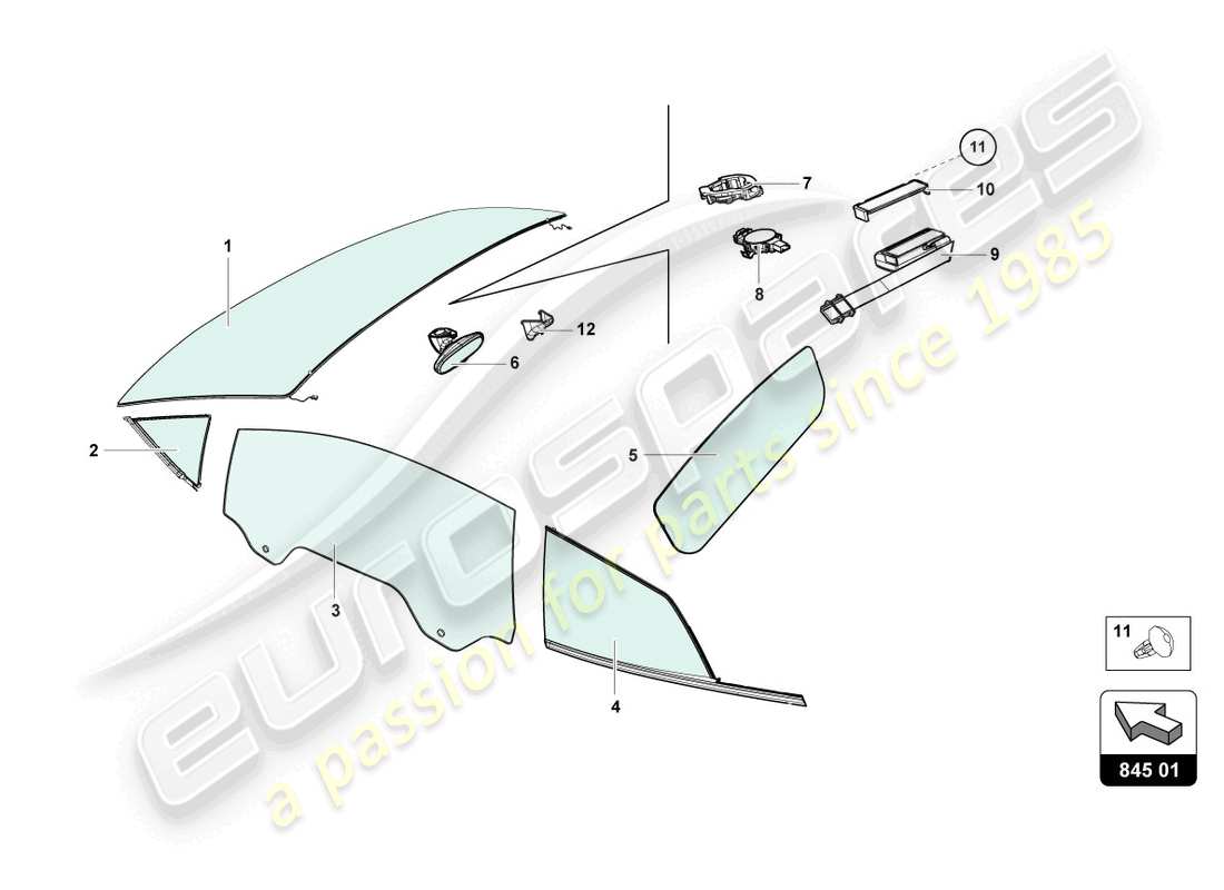 lamborghini evo coupe (2021) window glasses part diagram