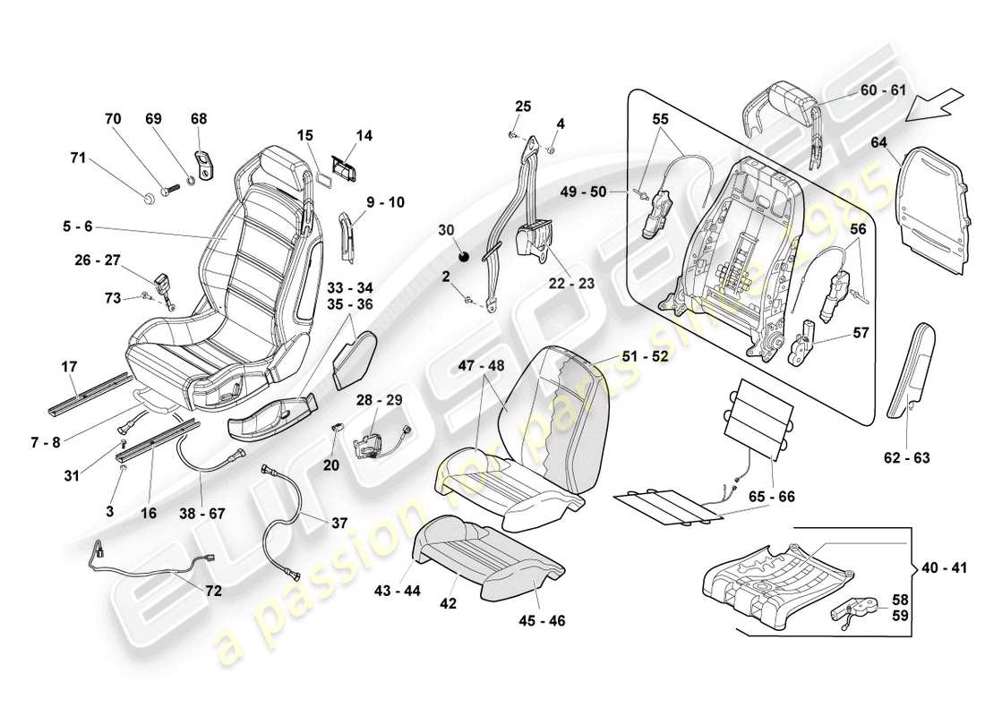 lamborghini gallardo spyder (2006) seat, complete part diagram