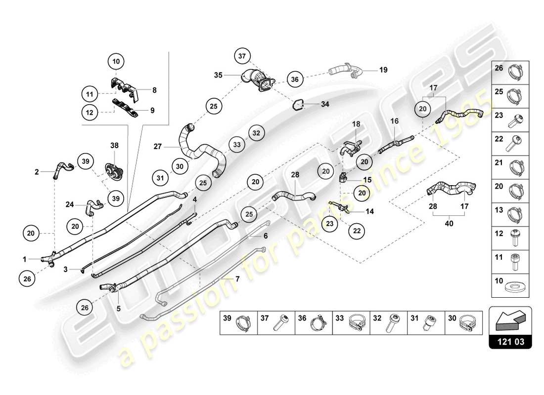 lamborghini evo coupe (2021) coolant hoses and pipes center part diagram