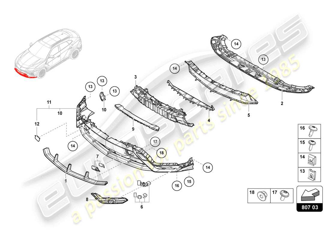 lamborghini urus (2019) bumper, complete standard part diagram