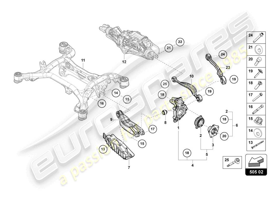 lamborghini urus (2019) wheel hub with bearing and control arm part diagram