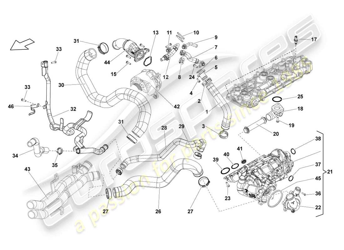 lamborghini lp560-4 spider (2014) coolant regulator housing with thermostat part diagram