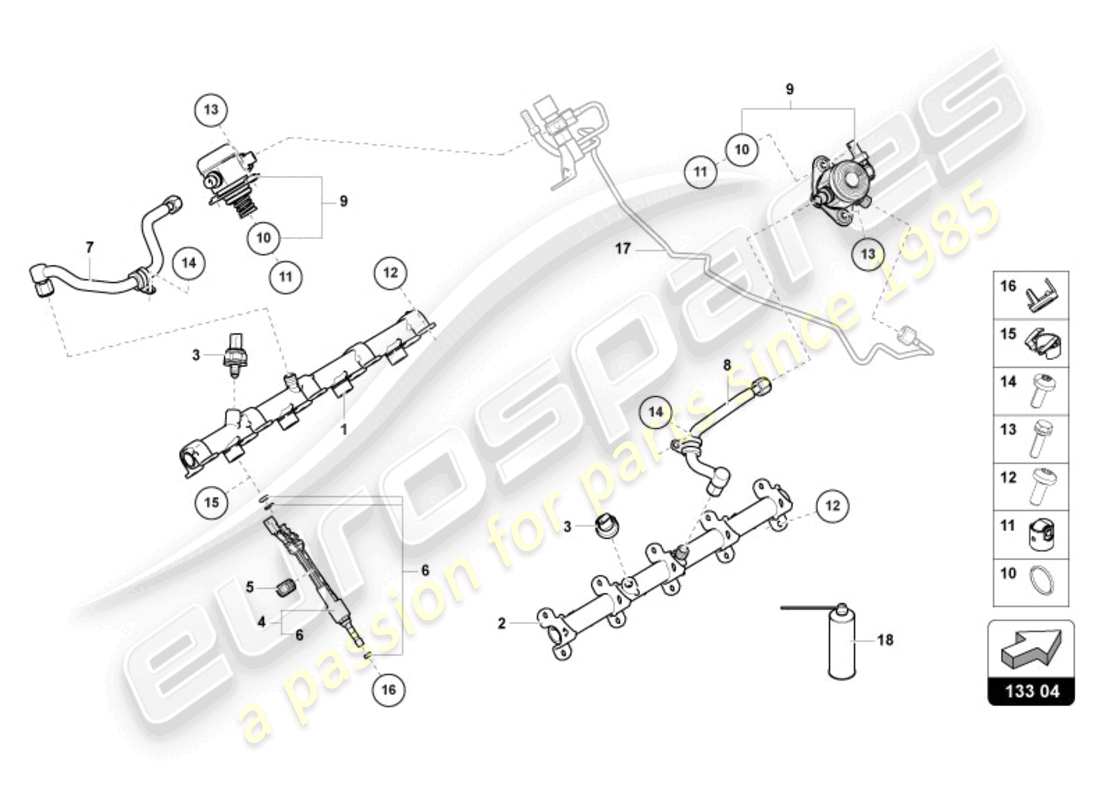 lamborghini urus (2020) fuel injector with injector rails part diagram