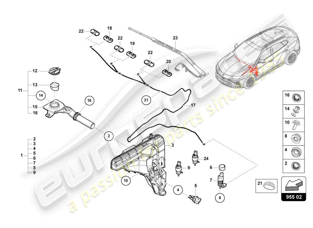 lamborghini urus (2019) windscreen washer system part diagram