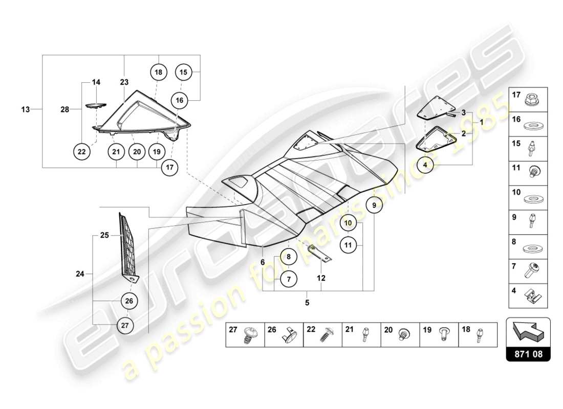 lamborghini evo spyder (2021) conv. top, hinge cover part diagram