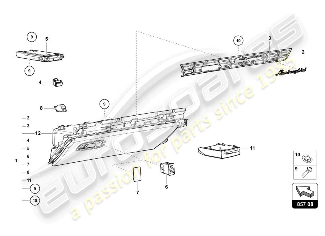 lamborghini evo coupe (2022) glove compartment part diagram