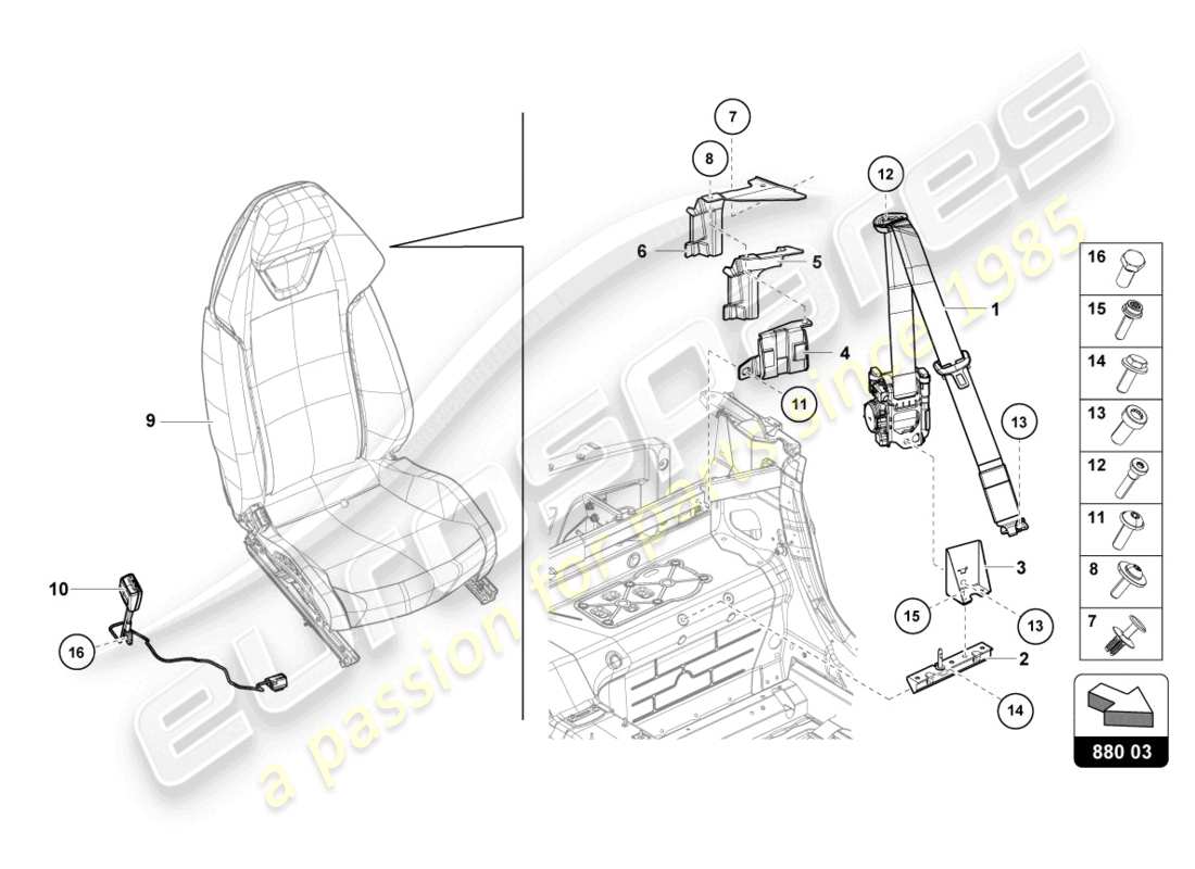 lamborghini evo spyder 2wd (2023) seat belts part diagram