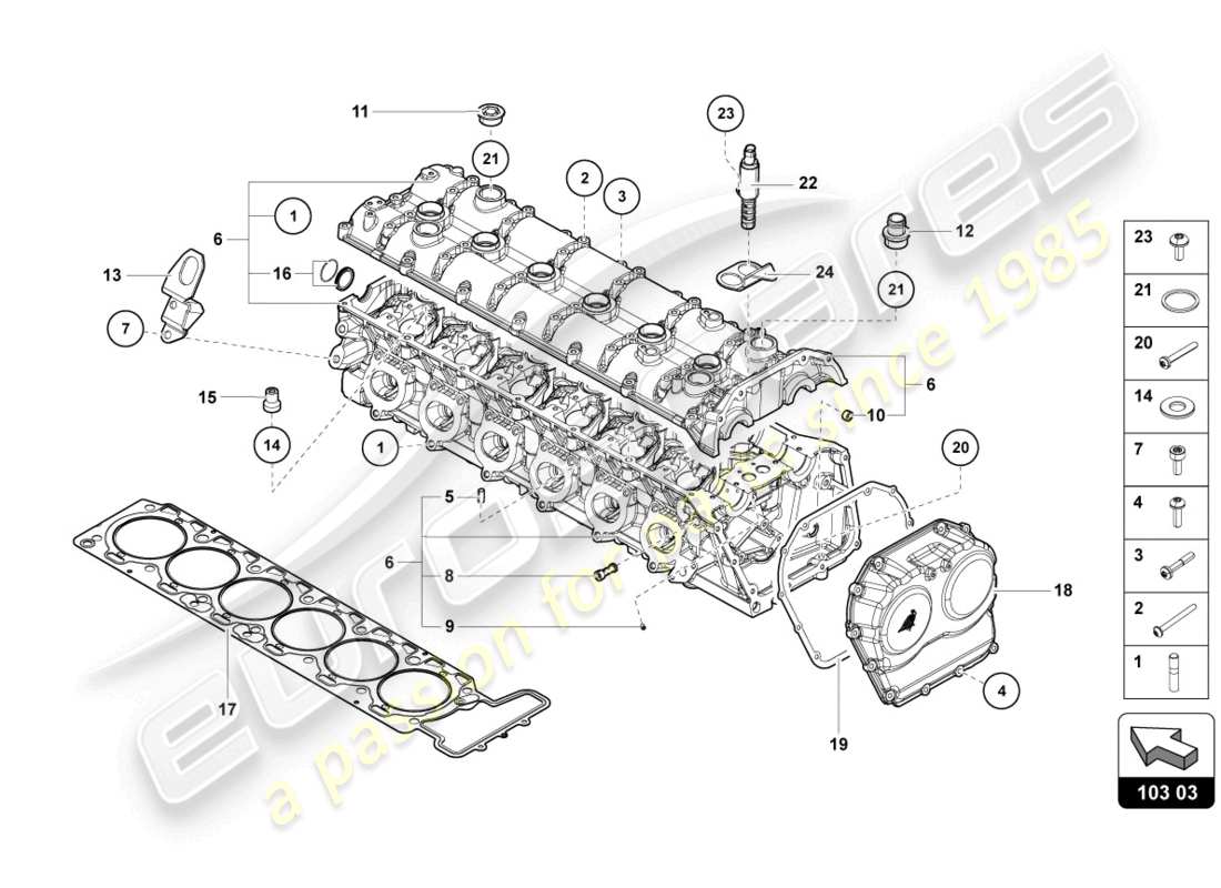 lamborghini ultimae roadster (2022) cylinder head with studs and centering sleeves part diagram