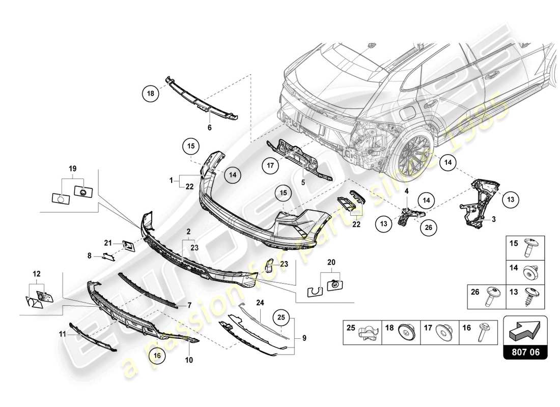 lamborghini urus s (2024) bumper, complete rear part diagram