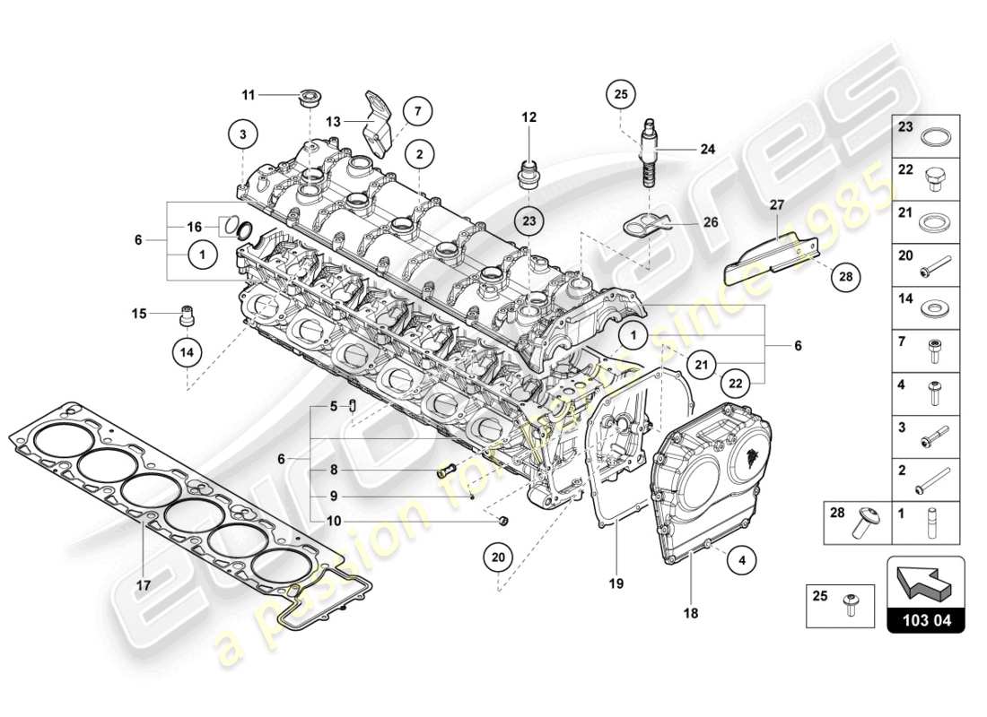 lamborghini countach lpi 800-4 (2022) cylinder head with studs and centering sleeves part diagram