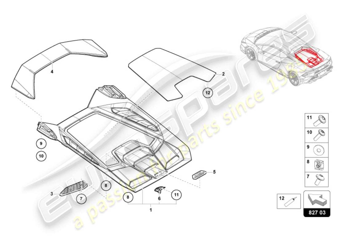 lamborghini tecnica (2024) engine cover with insp. cover part diagram