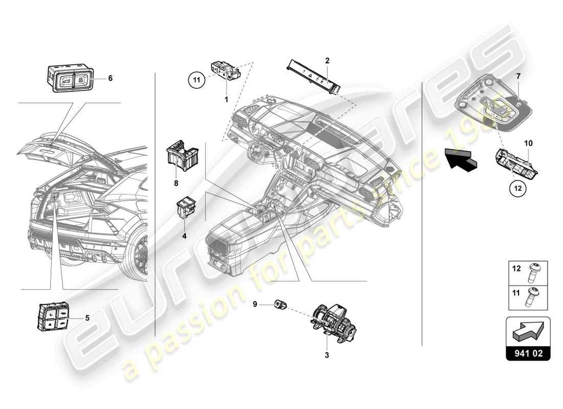 lamborghini urus (2019) control panel with pushbuttons part diagram