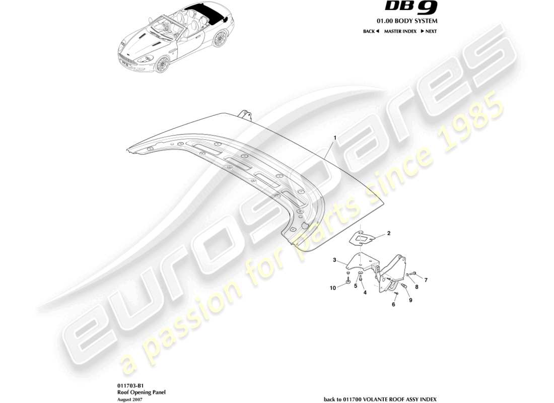 aston martin db9 (2012) roof opening panel part diagram