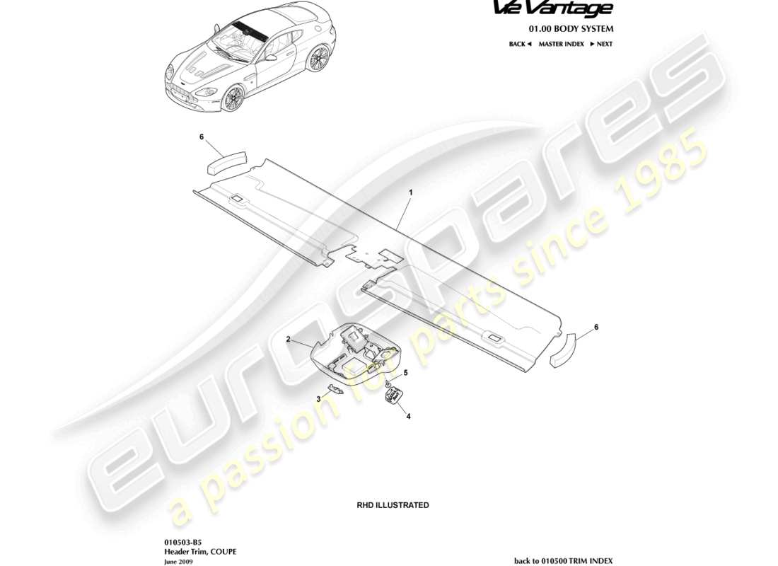 aston martin v12 vantage (2012) header trim, coupe part diagram