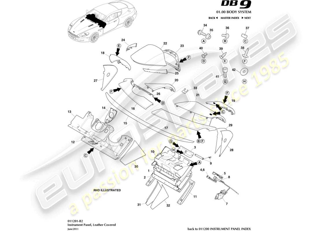 aston martin db9 (2012) instrument panel, leather part diagram