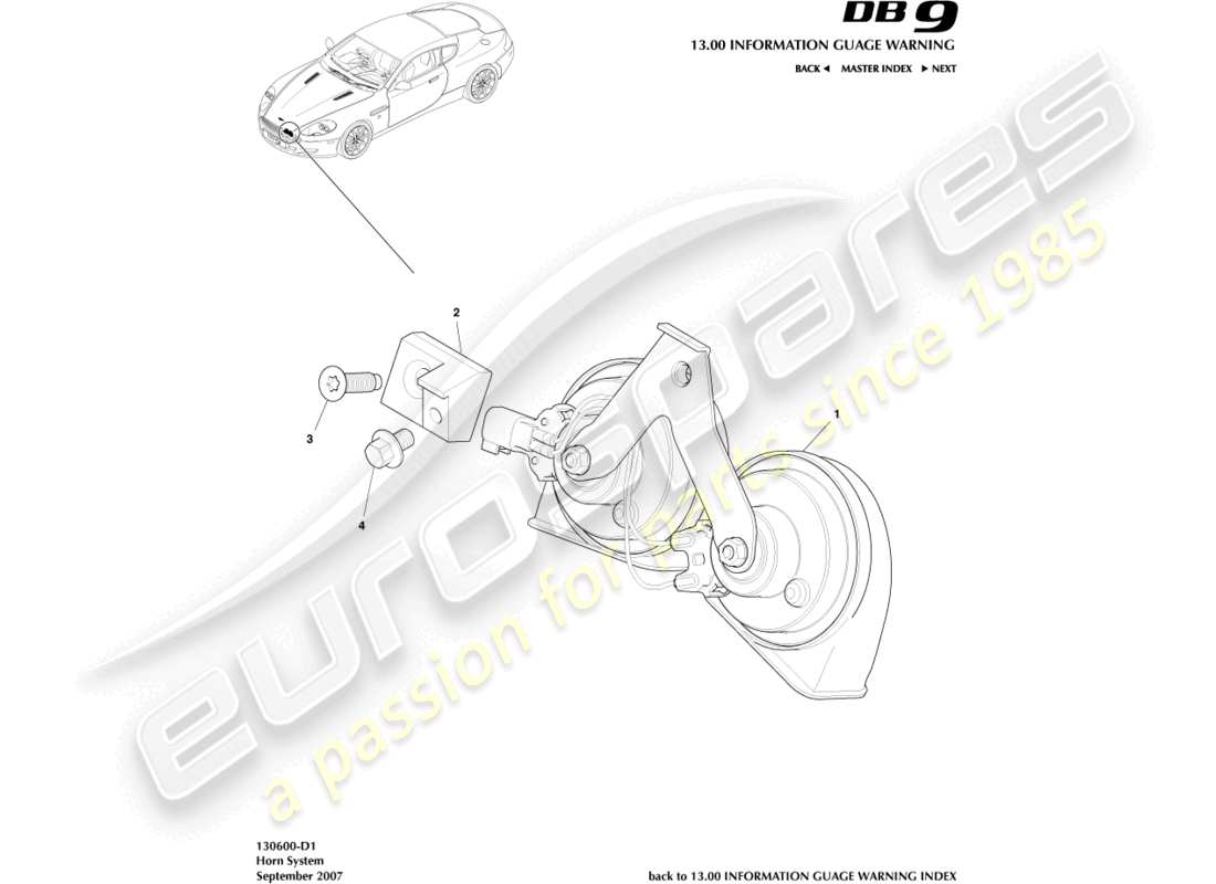 aston martin db9 (2012) horn system part diagram