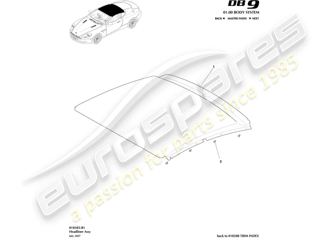 aston martin db9 (2012) headliner assy part diagram