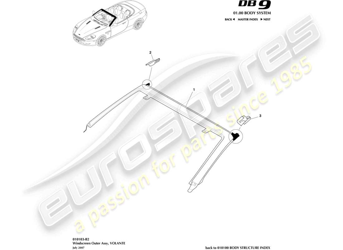 aston martin db9 (2012) windscreen, outer, volante part diagram