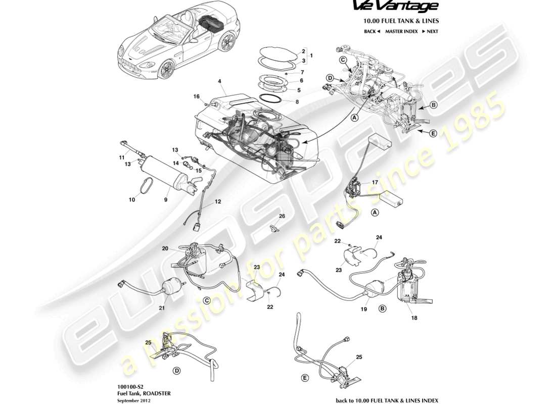 aston martin v12 vantage (2012) fuel tank assy, roadster part diagram