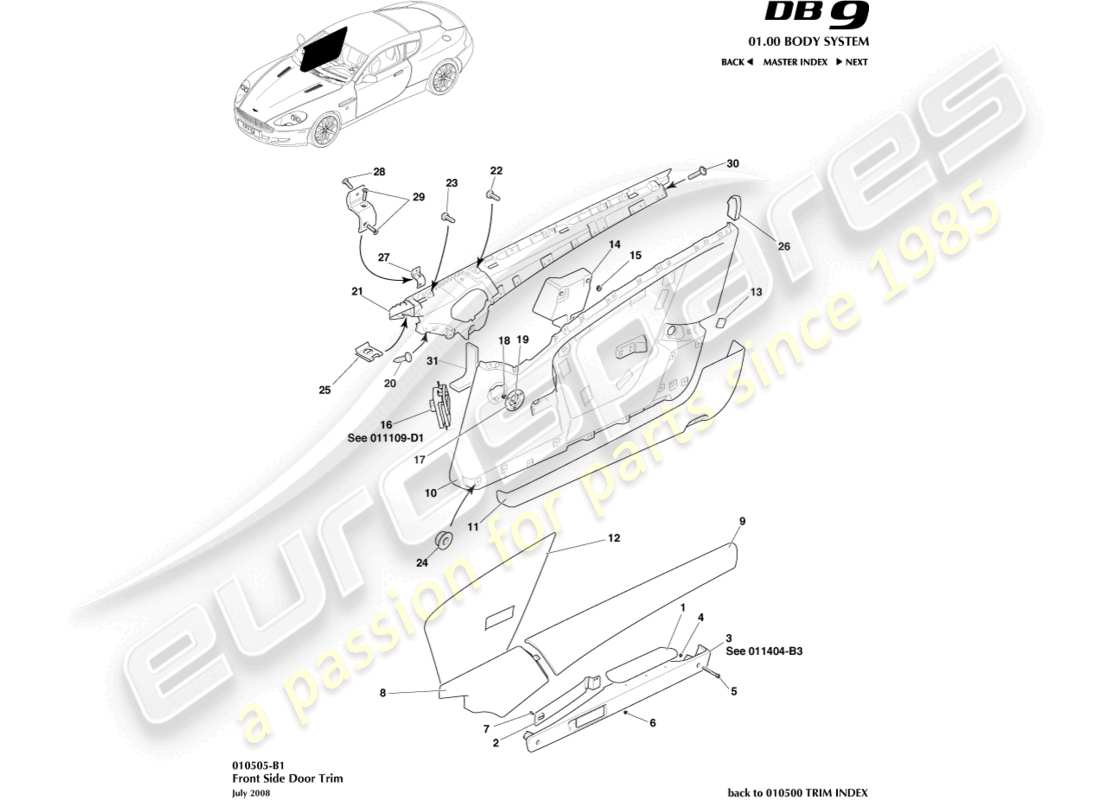 aston martin db9 (2007) door trim parts diagram