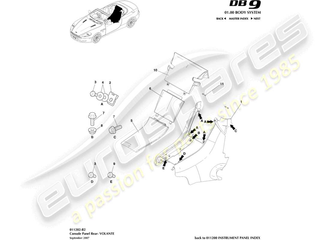 aston martin db9 (2012) rear console, volante part diagram