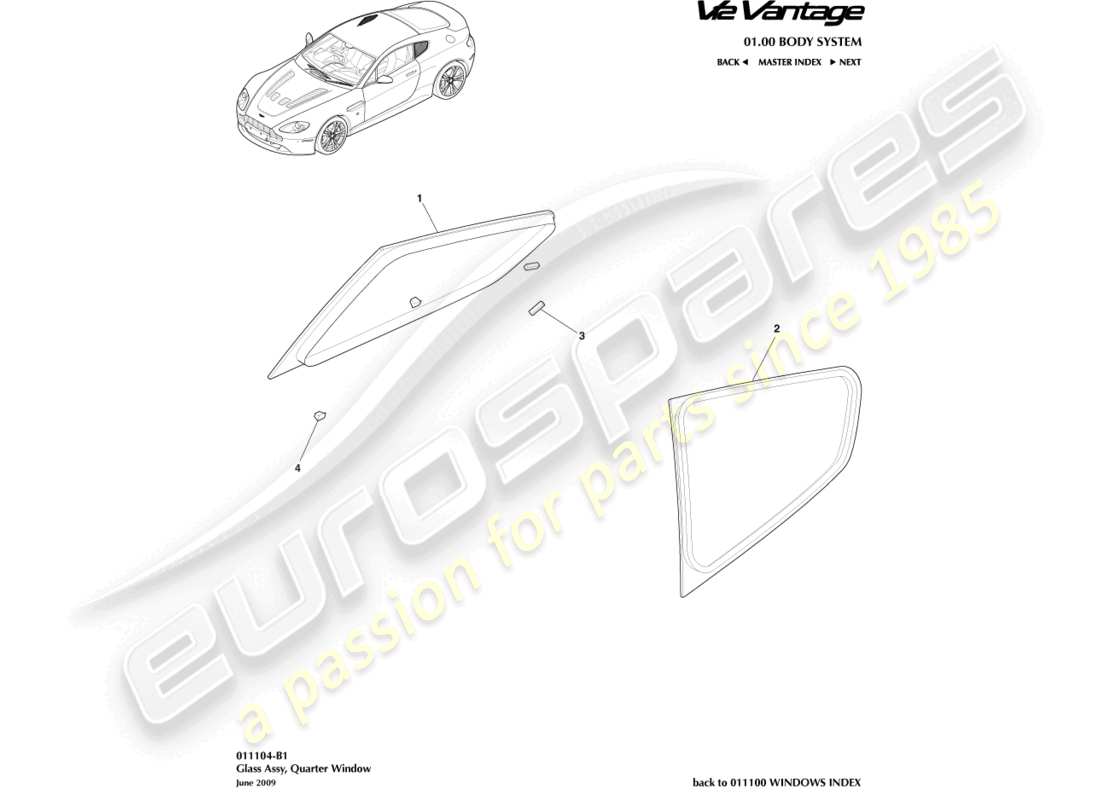 aston martin v12 vantage (2012) rear quarter glass, coupe part diagram