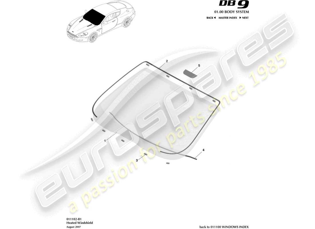 aston martin db9 (2007) windscreen, heated parts diagram