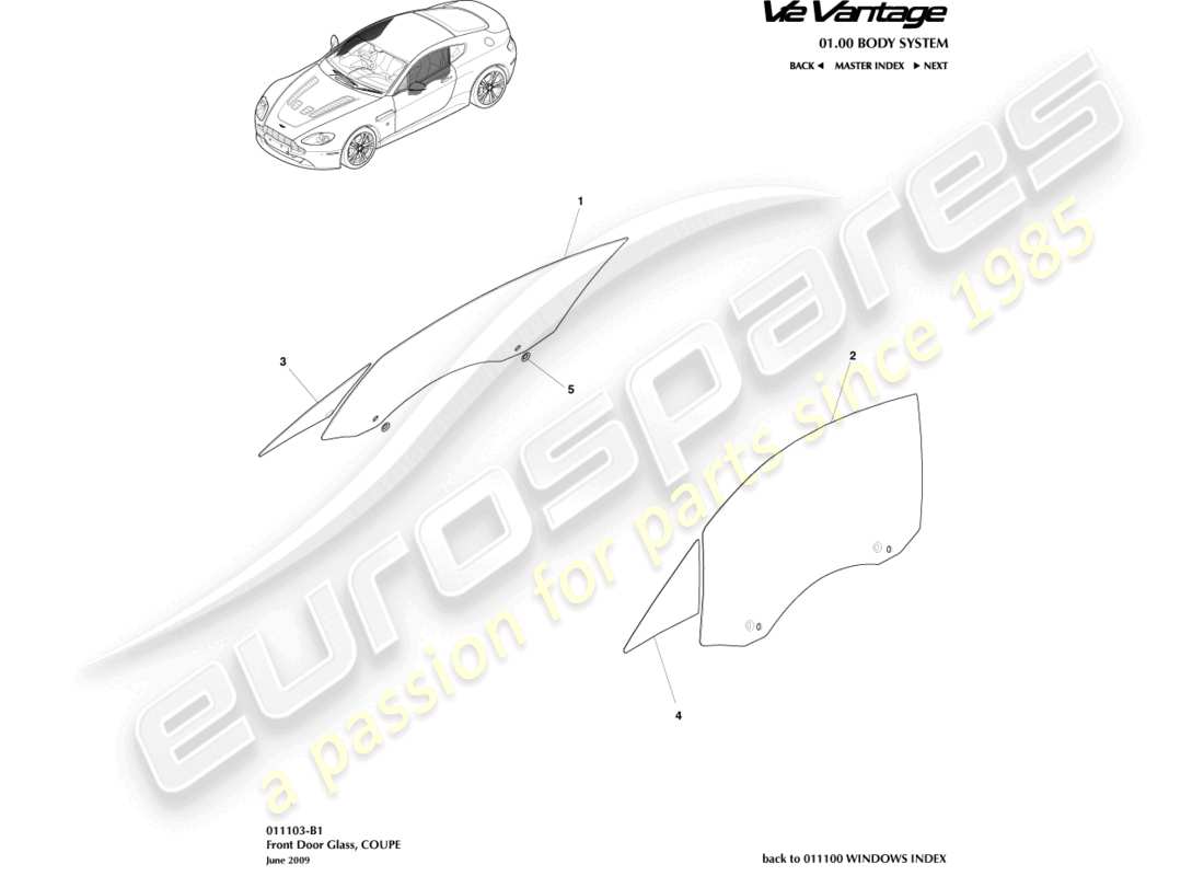 aston martin v12 vantage (2012) door glass, coupe part diagram