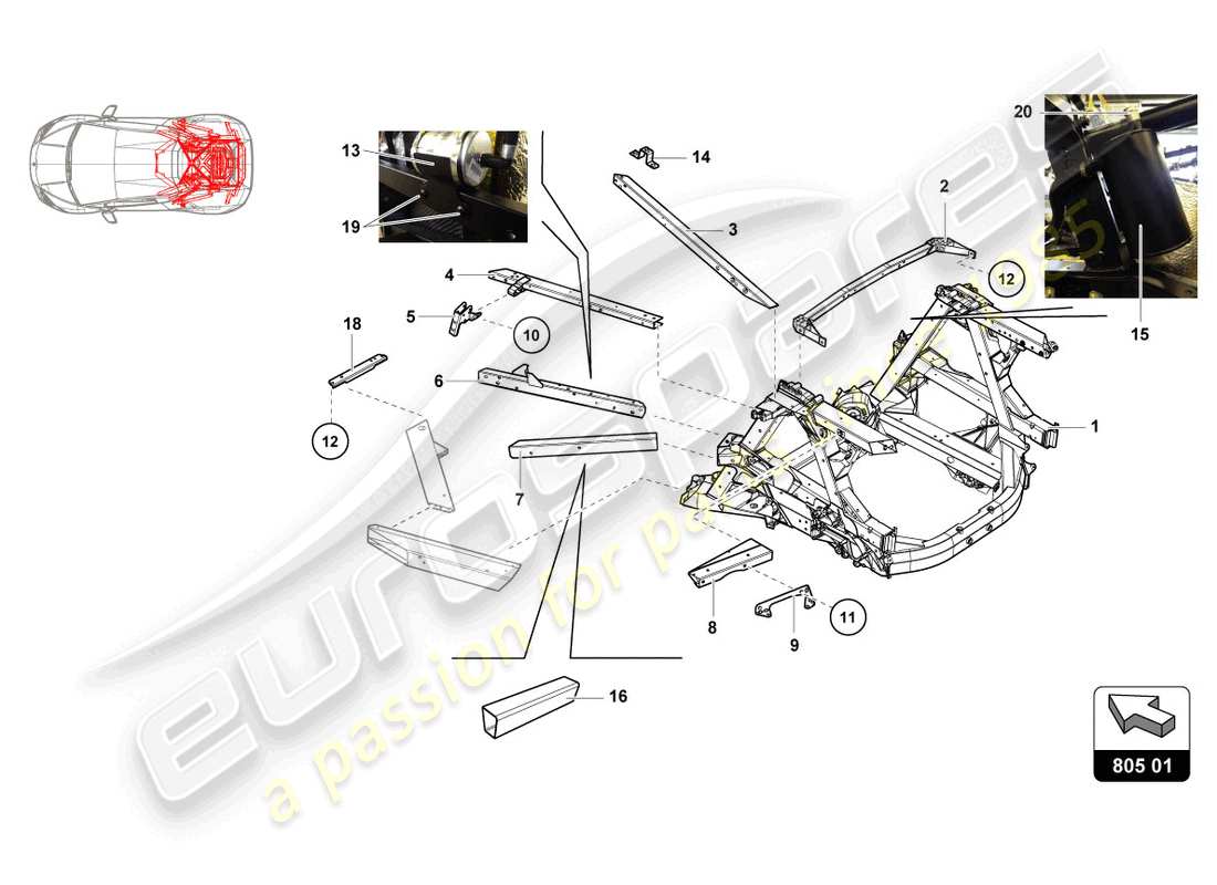 lamborghini super trofeo evo (2018) rear frame inner elements part diagram