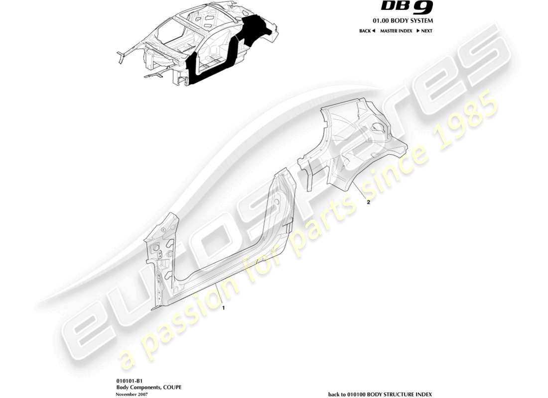 aston martin db9 (2007) body components, coupe parts diagram