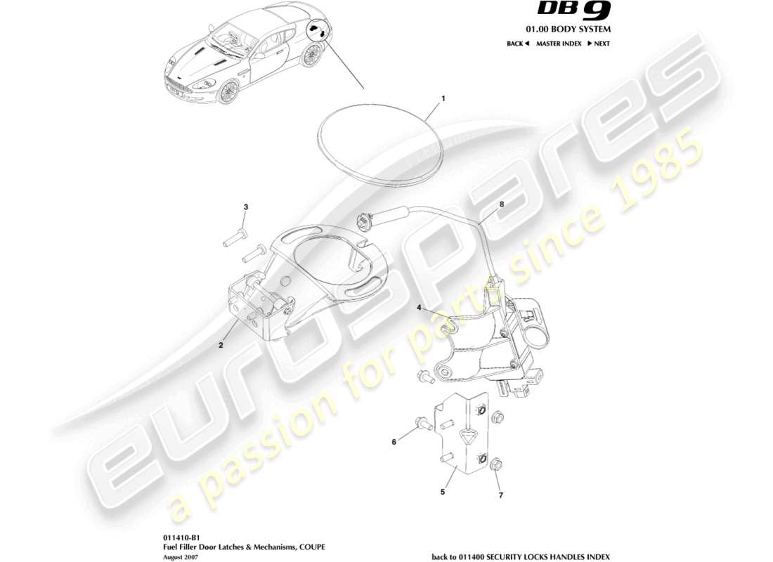 aston martin db9 (2012) fuel filler mechanism, coupe part diagram