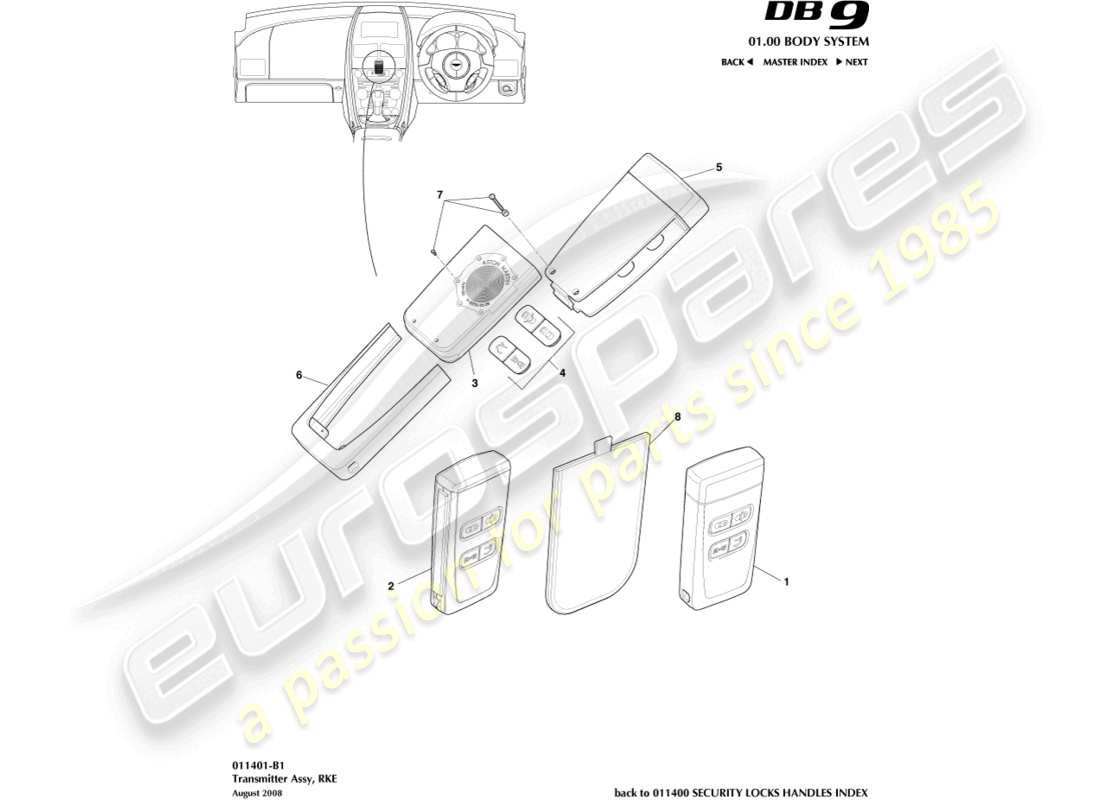 aston martin db9 (2012) transmitter, rke part diagram