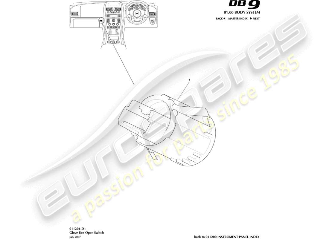 aston martin db9 (2012) glove box switch part diagram