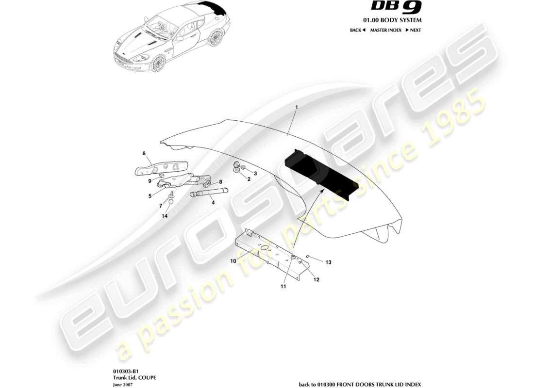 aston martin db9 (2012) trunk lid, coupe part diagram