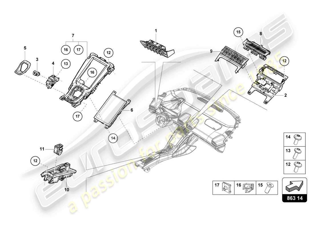 lamborghini evo spyder (2024) centre console, upper part part diagram