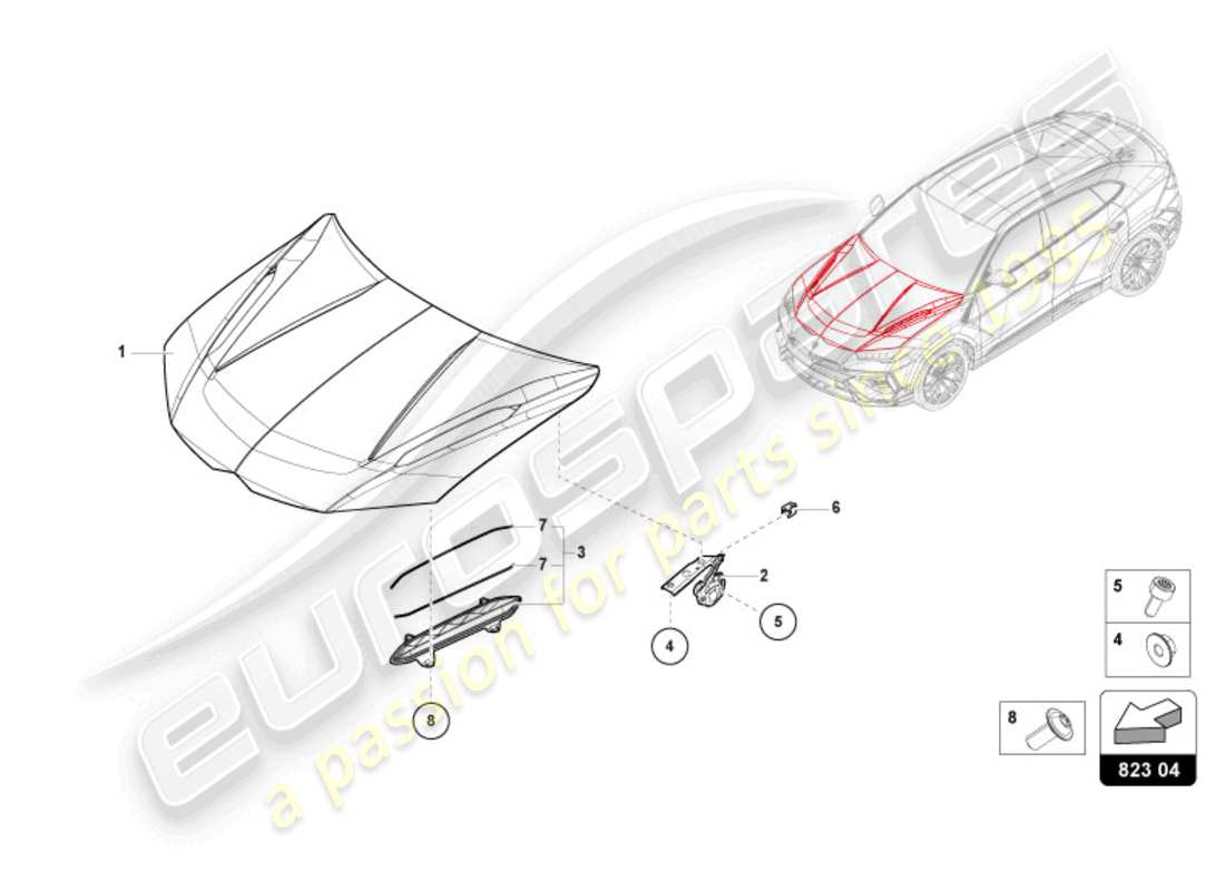 lamborghini urus s (2024) bonnet part diagram