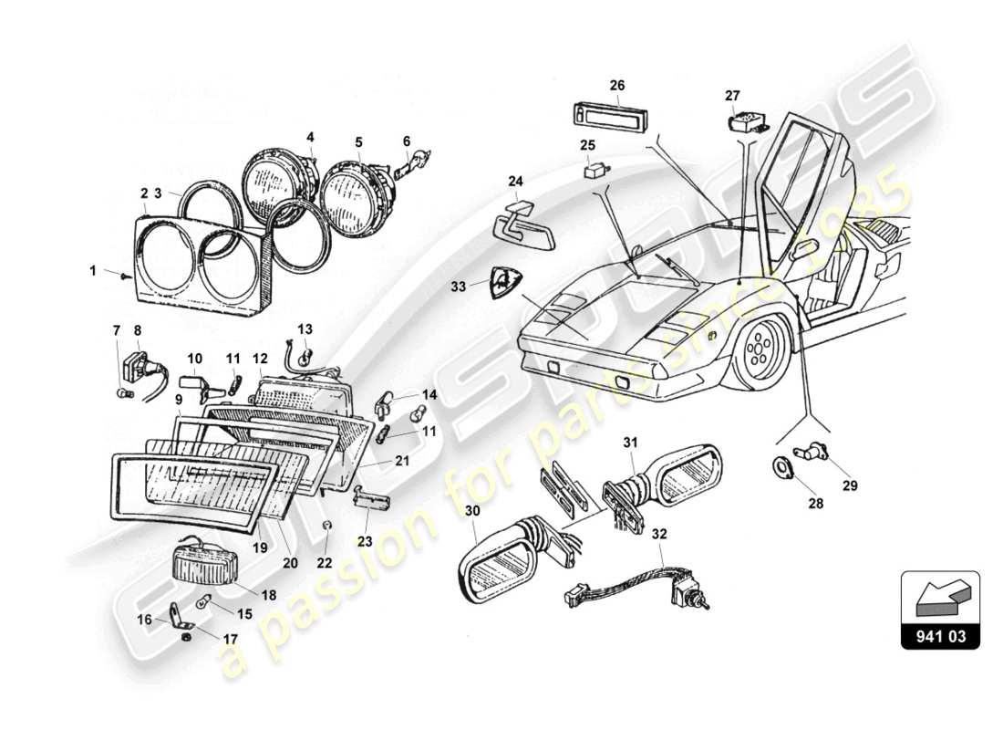 lamborghini countach 25th anniversary (1989) front lights part diagram