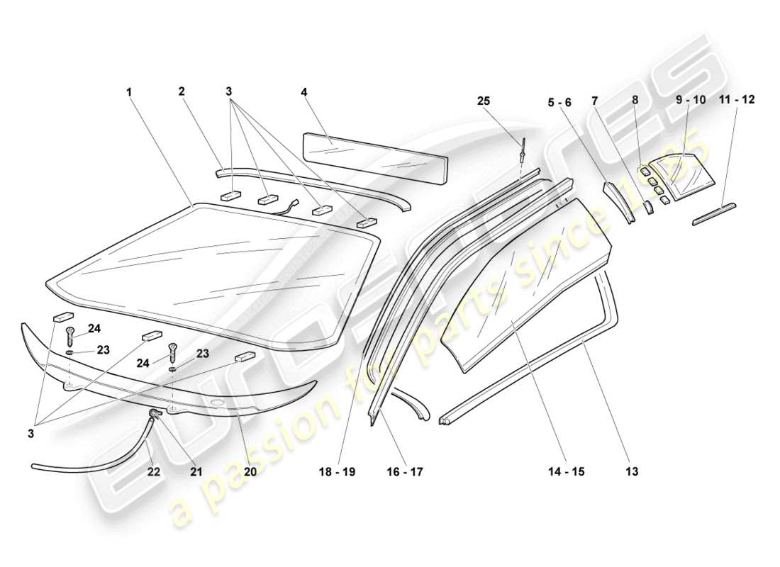 lamborghini lp640 coupe (2009) window glasses part diagram